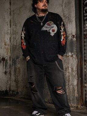 HAMA Black Long Sleeve Graphic Skull Tee with Flame Sleeves